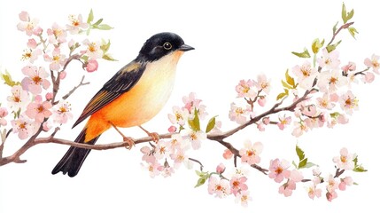 Naklejka na meble Beautiful Bird Perched on Cherry Blossom Branch in Spring Season