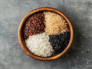 Canvas Print - Overhead shot of a wooden bowl filled with mixed rice varieties. Featuring white, brown, and black rice. Emphasizing diversity and nutrition. Ideal for health and diet content.