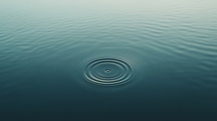 Poster - Single drop of water creating expanding circular ripples on a calm lake surface with soft, diffused light, creating a tranquil and meditative atmosphere