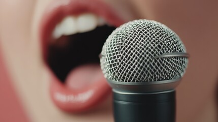 Poster - Close up of a singer's vibrant red lips passionately singing into a microphone, encapsulating the dynamic energy of live performance and the art of musical expression
