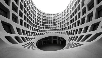 Poster - Captivating Interior Architecture of Modern Building Featuring Unique Curved Design and Intricate Grid Patterns in Black and White Aesthetic