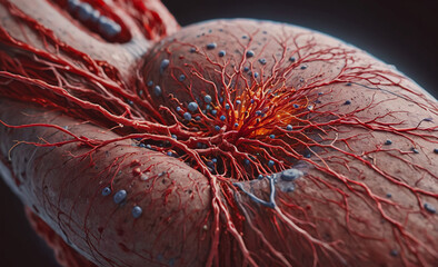 Poster - A close up of a red heart with red veins and blue veins. The veins are very thick and the heart is very large