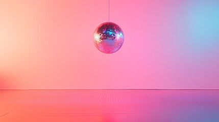 Aufkleber - Shiny disco ball hanging from the ceiling in an empty room illuminated with pink and blue lighting, creating a vibrant and festive atmosphere, perfect for dancing and celebration