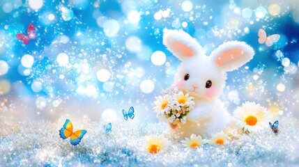 Wall Mural - Cute white bunny holding a bouquet of daisies in a spring-like setting with bokeh lights.