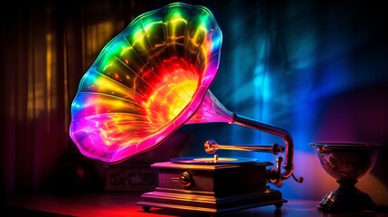 Poster - Colorful vintage gramophone radiates nostalgia in a modern setting. Generative AI