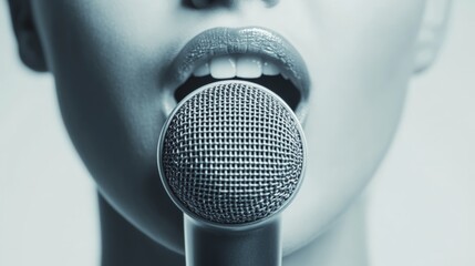 Poster - Close up of a singer's mouth singing into a microphone, showcasing the passion and energy of a live performance, with the focus on the lips and the metallic texture of the microphone