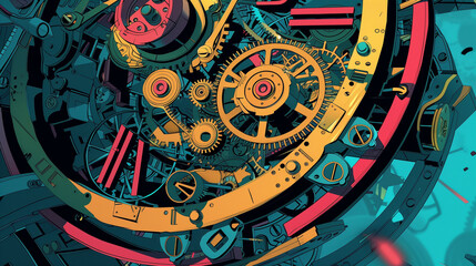 Poster - A cel-shaded clockwork mechanism with vibrant colors and sharp lines.