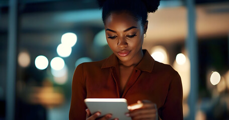 Tablet, thinking and reading with business black woman in office for public relation campaign, overtime and research. Press release, deadline and brainstorming with person in media agency at night