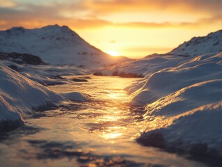 Wall Mural - water flowing through snowy meadow