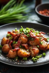 Poster - Potatoes and green onions on black plate