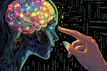 Poster - Artificial Intelligence and Human Interaction, with brains intertwined, touching fingers together A hand is pointing at an AI robot's head that has colorful, glowing lights inside it Generative AI