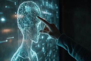 Poster - Artificial Intelligence and Human directing brain with finger on digital screen background technology concept, hand touching virtual hologram of robot arm touching human's head Generative AI