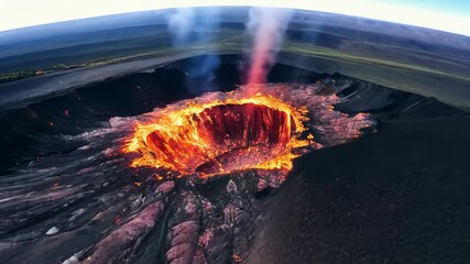 Wall Mural - volcano eruption from a bird view. volcano crater and magma flow shot from above