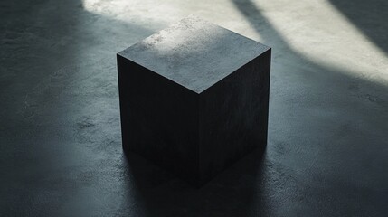 Poster - Black cube standing on concrete floor with dramatic lighting