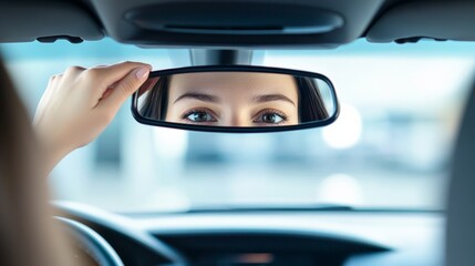 Aufkleber - Close up of a young woman's eyes reflected in the rearview mirror as she adjusts it while driving, ensuring proper visibility and road safety