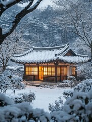 Aufkleber - Korean traditional house surrounded by serene snowy landscape at dusk in winter. Generative AI