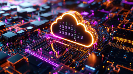 Fototapete - vibrant 3D illustration of cloud computing with interconnected circuits and glowing elements, showcasing technology and data transfer
