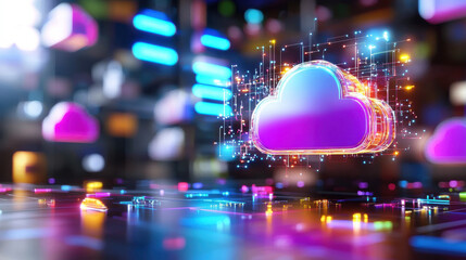 Poster - vibrant 3D illustration of cloud computing with interconnected digital elements, showcasing technology and innovation in colorful environment