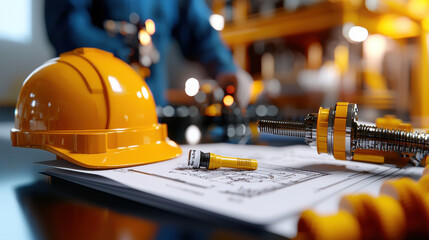 Poster - Construction helmet and tools on blueprints, symbolizing engineering work. scene captures focused environment with essential equipment for project planning
