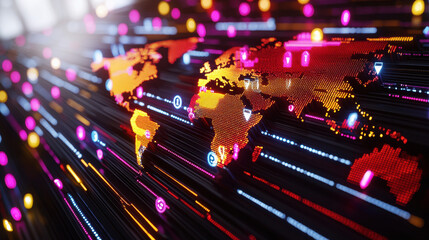 Leinwandbilder - vibrant 3D illustration of interconnected global markets, showcasing digital world map with colorful data points and lines representing connectivity and information flow