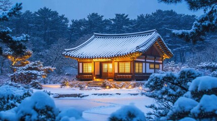Poster - Winter evening view of a traditional Korean house surrounded by snow in a serene landscape. Generative AI