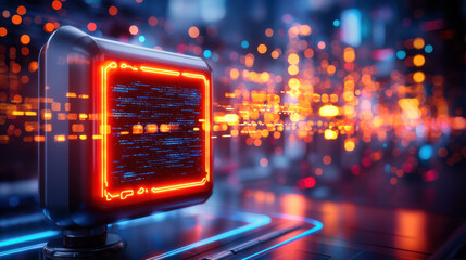 Aufkleber - futuristic tech hub featuring glowing computer processor with vibrant lights and digital data streams, creating dynamic and innovative atmosphere