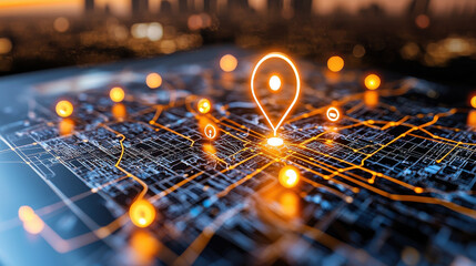 Poster - digital map with glowing location markers, showcasing urban navigation and connectivity. vibrant colors and intricate details create modern and engaging visual experience