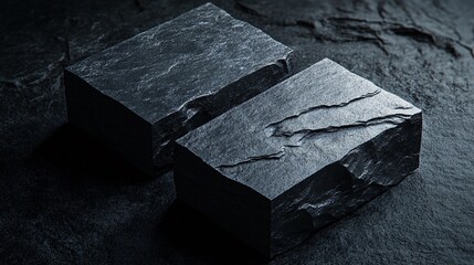 Poster - Two rough slate blocks resting on dark stone surface