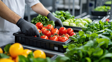 Aufkleber - Fresh tomatoes and leafy greens are being sorted in high tech packaging facility, showcasing vibrant colors and healthy produce. scene reflects commitment to quality and efficiency
