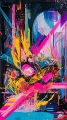 Poster - Colorful Abstract Composition with Geometric Shapes and Dynamic Brushstrokes in Vibrant Hues