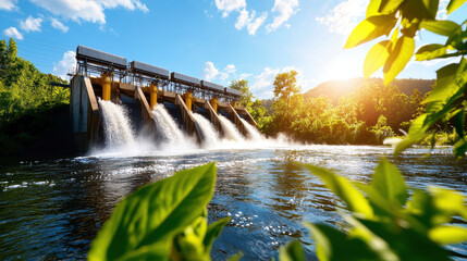 Fototapete - stunning hydroelectric dam surrounded by lush greenery, showcasing powerful water flow and sunlight reflecting on river. Nature and technology harmoniously coexist