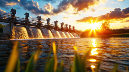Poster - stunning hydroelectric dam at sunset, showcasing flowing water and vibrant colors reflecting on surface. scene captures beauty of nature and engineering harmoniously