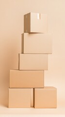 Aufkleber - Many closed cardboard boxes of different sizes are stacked and levitating on a beige background, creating a concept of delivery, logistics, or moving