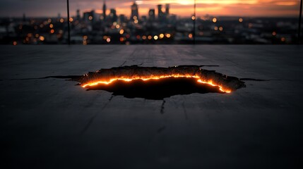 Sticker - A glowing fissure in a dark floor with a city skyline at sunset in the background