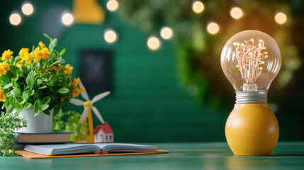 Aufkleber - cozy workspace featuring decorative light bulb, potted plant, and open book, creating warm and inviting atmosphere