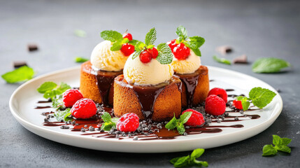 Aufkleber - Decadent molten lava cake topped with ice cream, fresh raspberries, and mint leaves, drizzled with chocolate sauce, creating delightful dessert experience