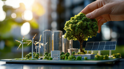 Aufkleber - hand placing tree on miniature model of sustainable city with wind turbines and solar panels, symbolizing eco friendly development and innovation