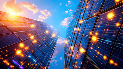 Aufkleber - stunning view of futuristic skyscrapers with solar panels reflecting sunlight, showcasing energy efficiency and innovation in urban architecture