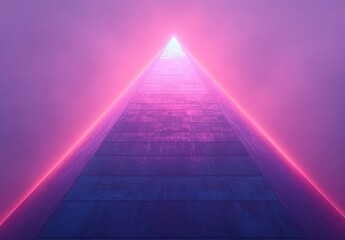Poster - Mesmerizing Vertical Perspective of a Pyramid Bathed in Ethereal Neon Light Amidst a Dreamlike Misty Atmosphere for Creative Visual Projects