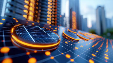 Aufkleber - futuristic energy efficient solar panel with glowing elements, showcasing advanced technology in modern urban setting. image captures innovation and sustainability
