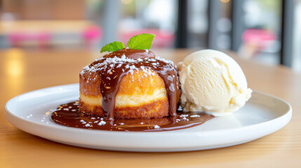 Aufkleber - Decadent molten lava cake served with vanilla ice cream and mint garnish, creating delightful dessert experience