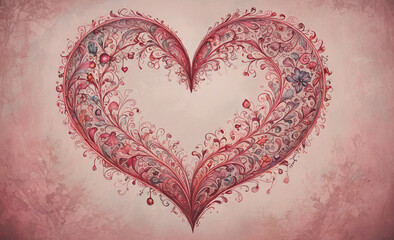 Poster - A heart with flowers and vines is painted on a pink background. The heart is surrounded by a lot of flowers and vines, giving it a very intricate and detailed appearance. Scene is one of love and