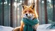 © mars58 - Red Fox Sitting in Snowy Forest, Serene Winter Woodland Scene. The background features evergreen trees and soft sunlight filtering through, creating a wintery atmosphere.