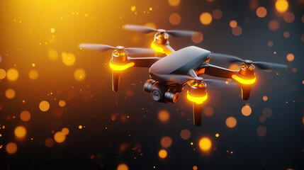 Poster - sleek drone with glowing orange lights hovers against dark background filled with bokeh effects, showcasing advanced technology and modern design