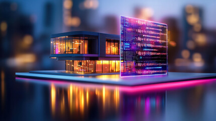 Poster - modern smart home concept with vibrant lighting and digital interface, showcasing innovation and technology in urban living