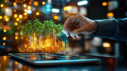 Poster - hand interacting with digital tablet displaying growing plant and data visualization, symbolizing technology and nature integration