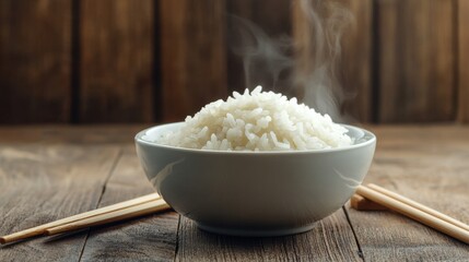 Wall Mural - Steaming bowl of white rice on a rustic wooden table. Highlighting the simplicity and staple nature of this food. Ideal for culinary articles and food blogs.