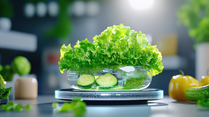 Poster - futuristic vegetable pack featuring fresh lettuce and cucumbers, showcasing innovative design and vibrant colors. This captures essence of modern food presentation
