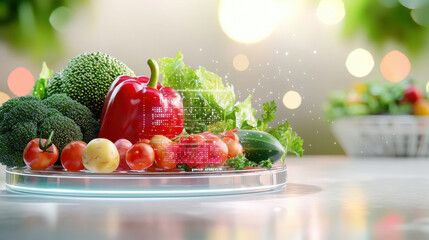 Poster - vibrant display of fresh vegetables on futuristic platter, featuring broccoli, red bell pepper, lettuce, and tomatoes, surrounded by soft bokeh background