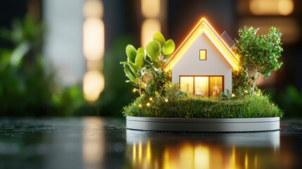 Aufkleber - smart green home model with glowing lights, surrounded by plants and grass, showcasing sustainable living. This design emphasizes eco friendliness and modern architecture